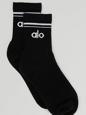 Alo Black Crew Socks with White Stripe and Logo